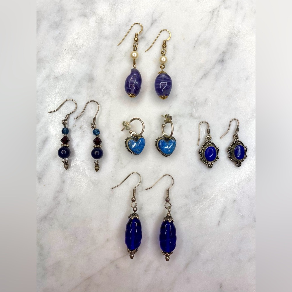 Five special blue vintage dangling earrings